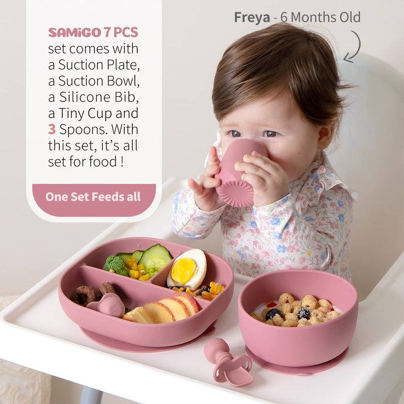 SAMiGO Silicone Baby Feeding Set, Baby Led Weaning Supplies, Suction Bowl Plate Bib Cup Self Feeding Spoons, Solid Food Eating Essentials, First Stage Utensils, 6+ Months - Image 2